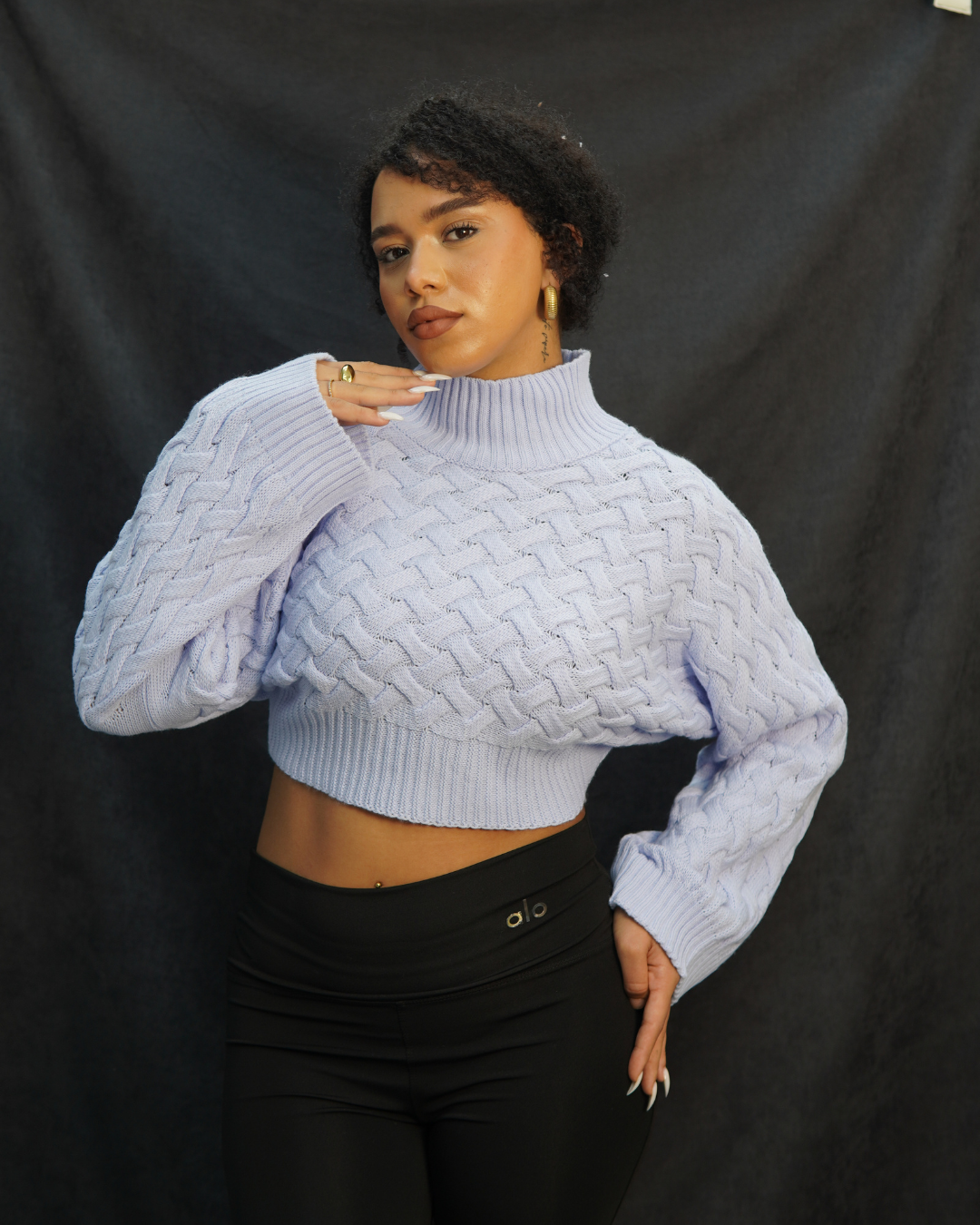 Mavi balıkçı yaka hasır örgü triko kazak