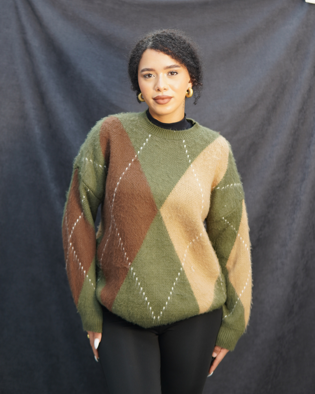 Haki baklava desenli kazak 