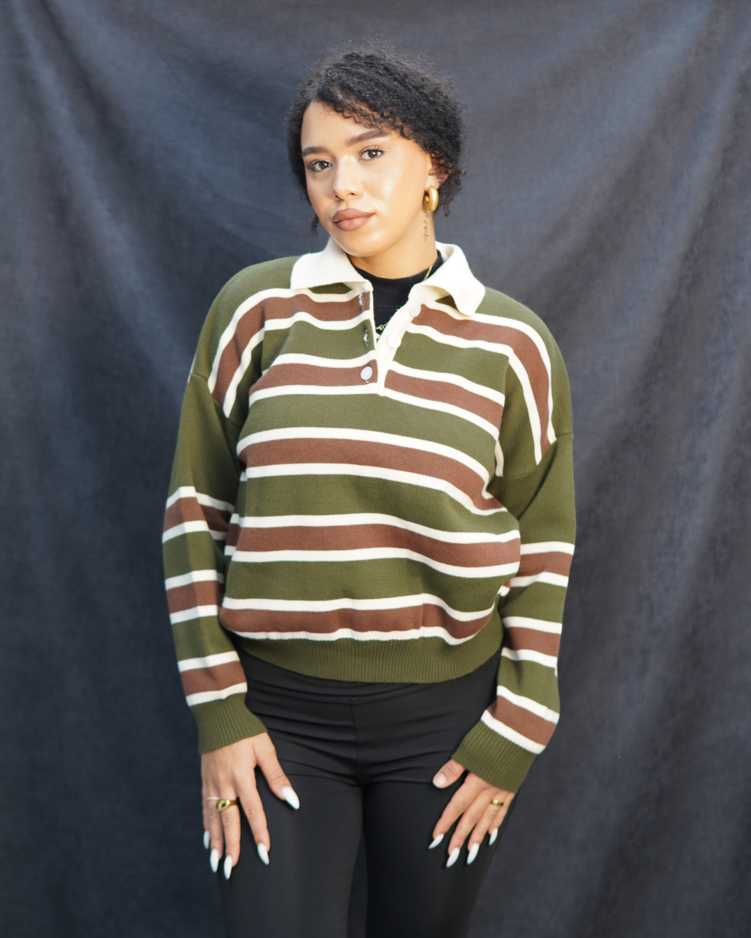 Yeşil çizgili triko kazak