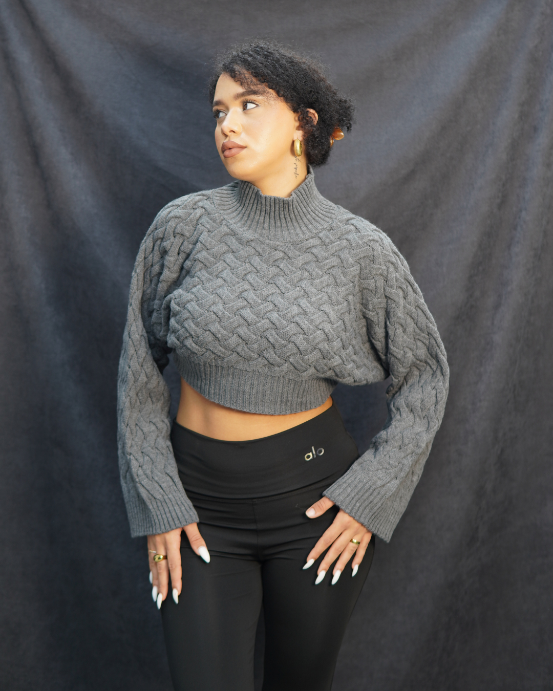 Gri balıkçı yaka hasır örgü triko kazak