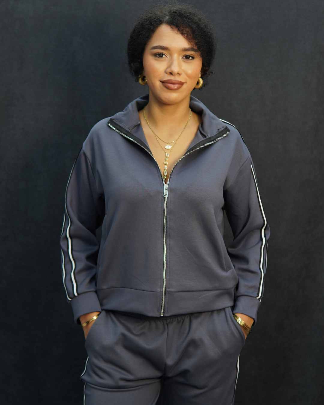 gri şeritli modal fermuarlı alt üst takım