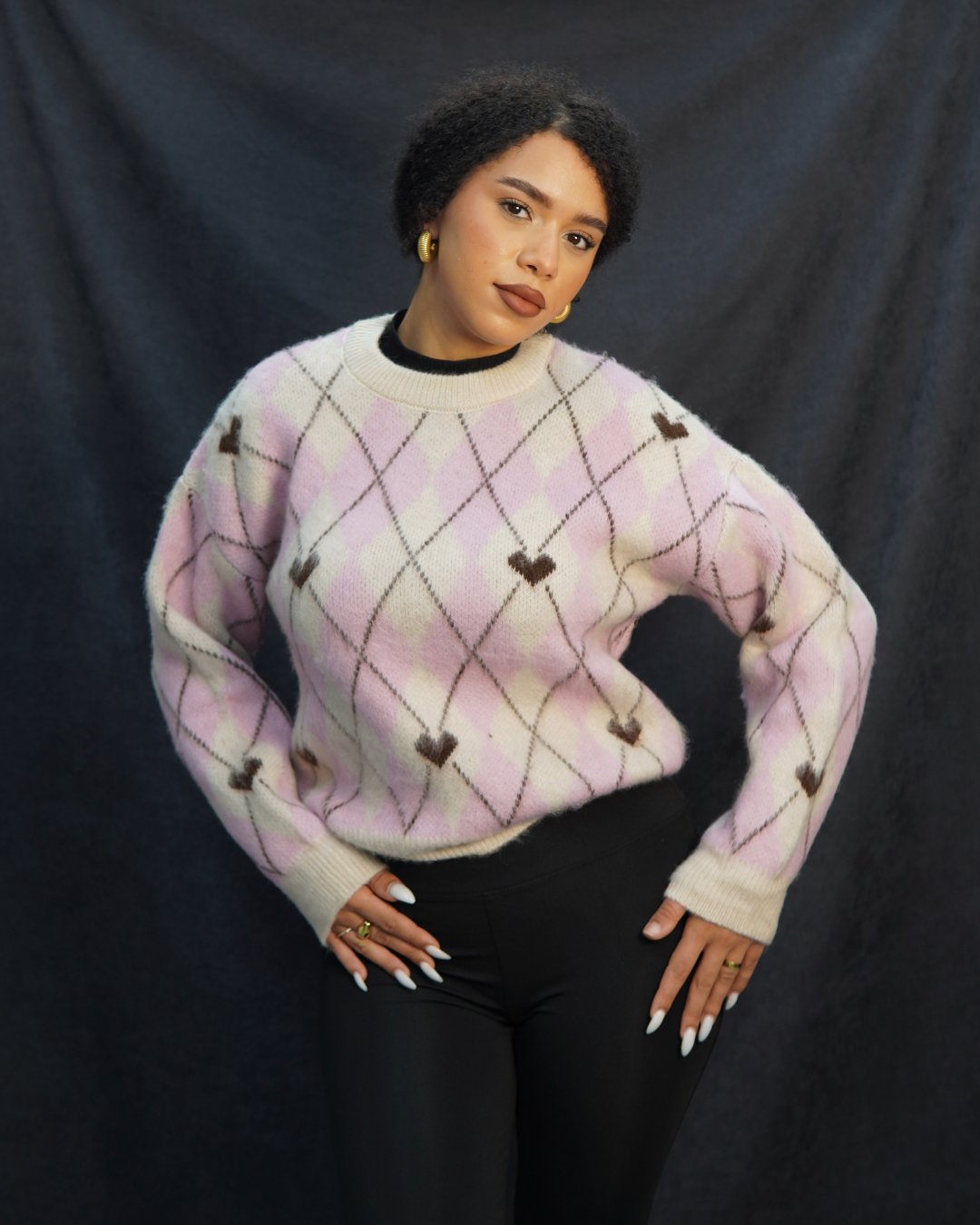 Pembe krem desenli kazak